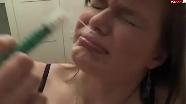 Big Girl injects cum up her nose with syringe [no sound warm Tube