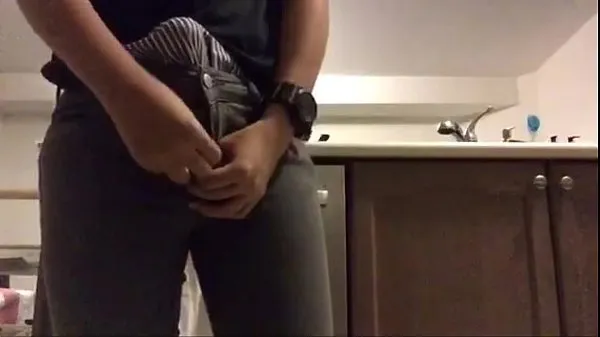 Big Trying my gf's jeans with a hard on warm Tube