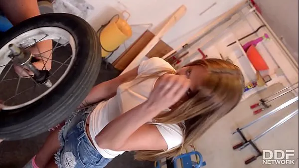 Big Sexy Teen in Knee High Socks Rides Cock in a Repair shop warm Tube