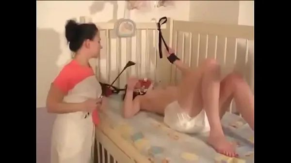 Big adult b. girl in diaper cared for from lesbian in nurse uniform warm Tube