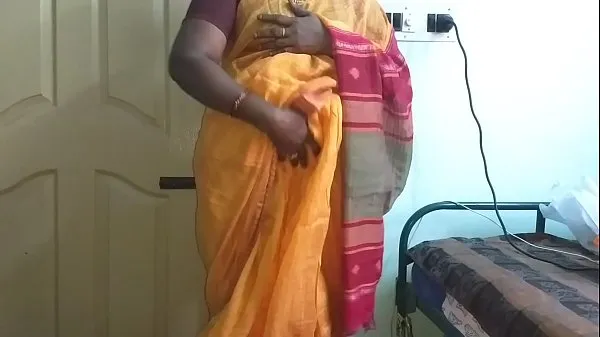 大きなdesi indian horny tamil telugu kannada malayalam hindi cheating wife vanitha wearing orange colour saree showing big boobs and shaved pussy press hard boobs press nip rubbing pussy masturbation温かいチューブ