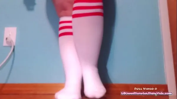 Big LilKiwwimonster rides her HUGE COCK dildo with long socks warm Tube