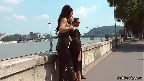 Grote Mistress Fetish Liza and master John Strong disgracing hot Euro slave Lola by the Danube in Budapest public then dragging her in bar for a sex warme buis