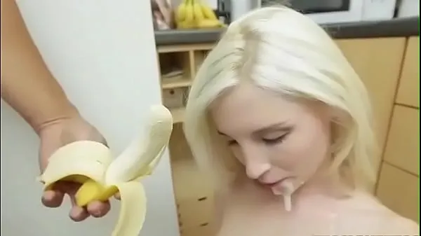 Big Tiny blonde girl with braces gets facial and eats banana warm Tube