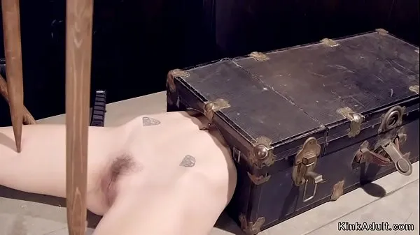 Big Blonde slave laid in suitcase with upper body gets pussy vibrated warm Tube