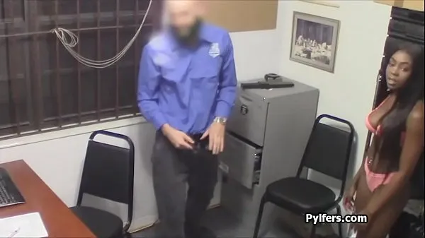 Ebony thief punished in the back office by the horny security guard أنبوب دافئ كبير
