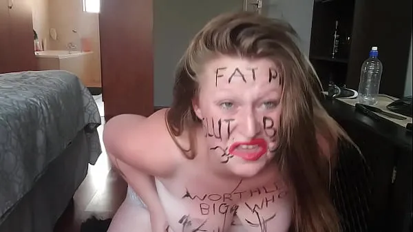 بڑی Big fat worthless pig degrading herself | body writing |hair pulling | self slapping گرم ٹیوب