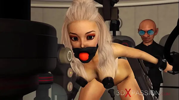 Ống ấm áp BDSM club. Hot sexy ball gagged blonde in restraints gets fucked hard by crazy midget in the lab lớn