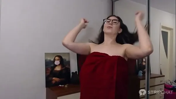 Big Brunette camgirl with glasses oils up her huge tits warm Tube
