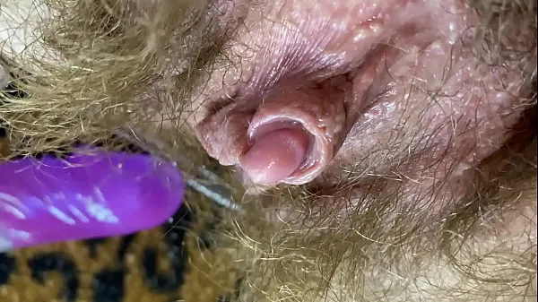 Big Bunny vibrator test masturbation POV closeup erected big clit wet orgasm hairy pussy warm Tube