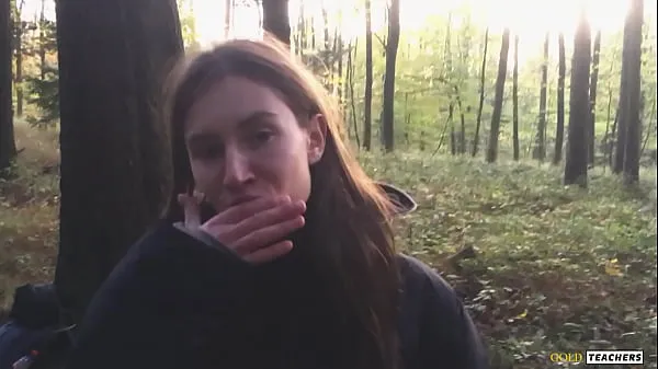 Big Young shy Russian girl gives a blowjob in a German forest and swallow sperm in POV (first homemade porn from family archive warm Tube