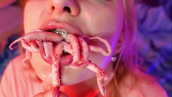Big weird FOOD FETISH octopus eating video (Arya Grander warm Tube