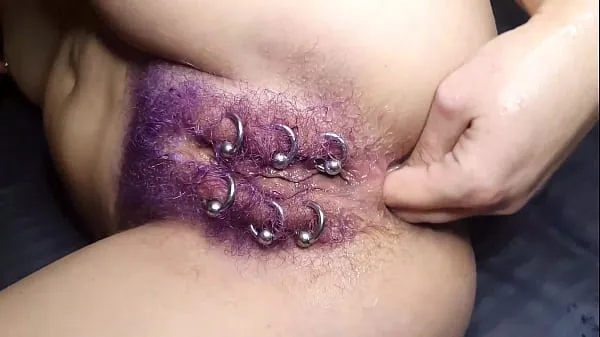 Big Purple Colored Hairy Pierced Pussy Get Anal Fisting Squirt warm Tube