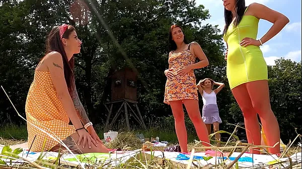 Big Party Girls Outdoors No Panties and with Lingerie in Miniskirt and Short Sun Dress Try On with Twister Game Play warm Tube
