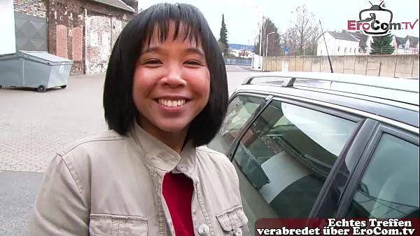 German Asian young woman next door approached on the street for orgasm casting أنبوب دافئ كبير