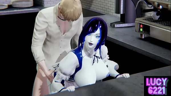 Big Artificial intelligence maid Demi makes coffee and serves the owner warm Tube