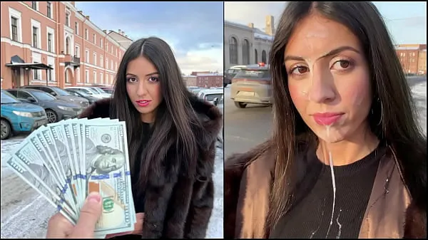 Grote Beauty walks with cum on her face in public, for a generous reward from a stranger - Cumwalk warme buis